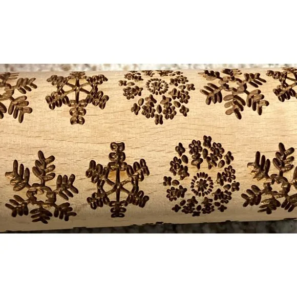 Engraved Cookie Rolling Pin Snowflake Pattern Handmade Wooden Rolling Pin - Picture 3 of 8